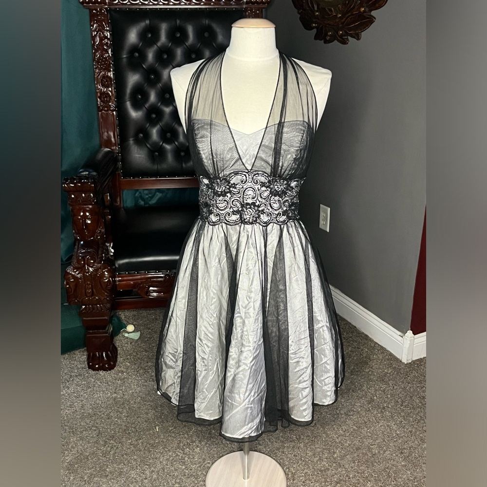 Black overlay halter dress